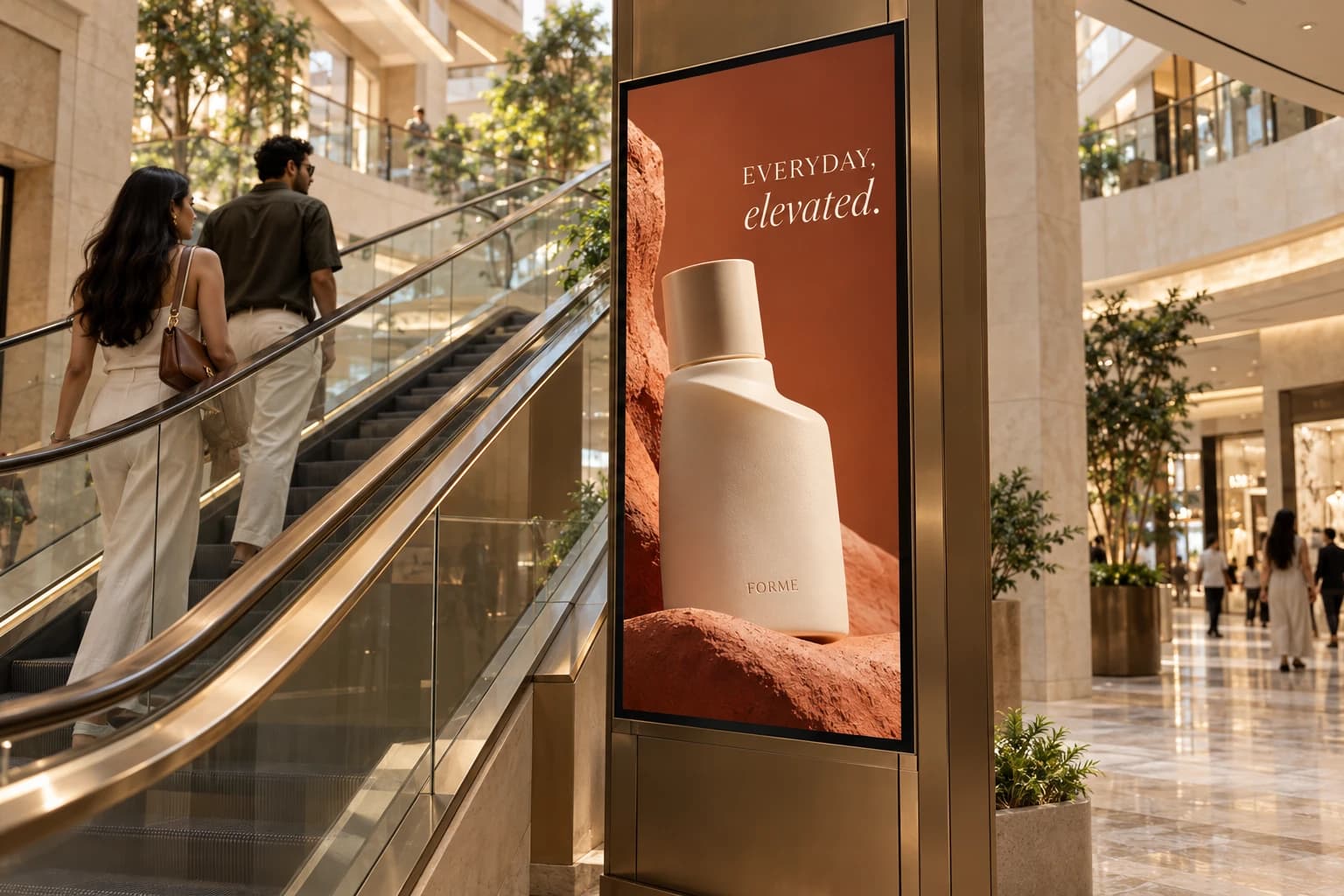 Concept of a portrait advertising screen beside a bronze escalator