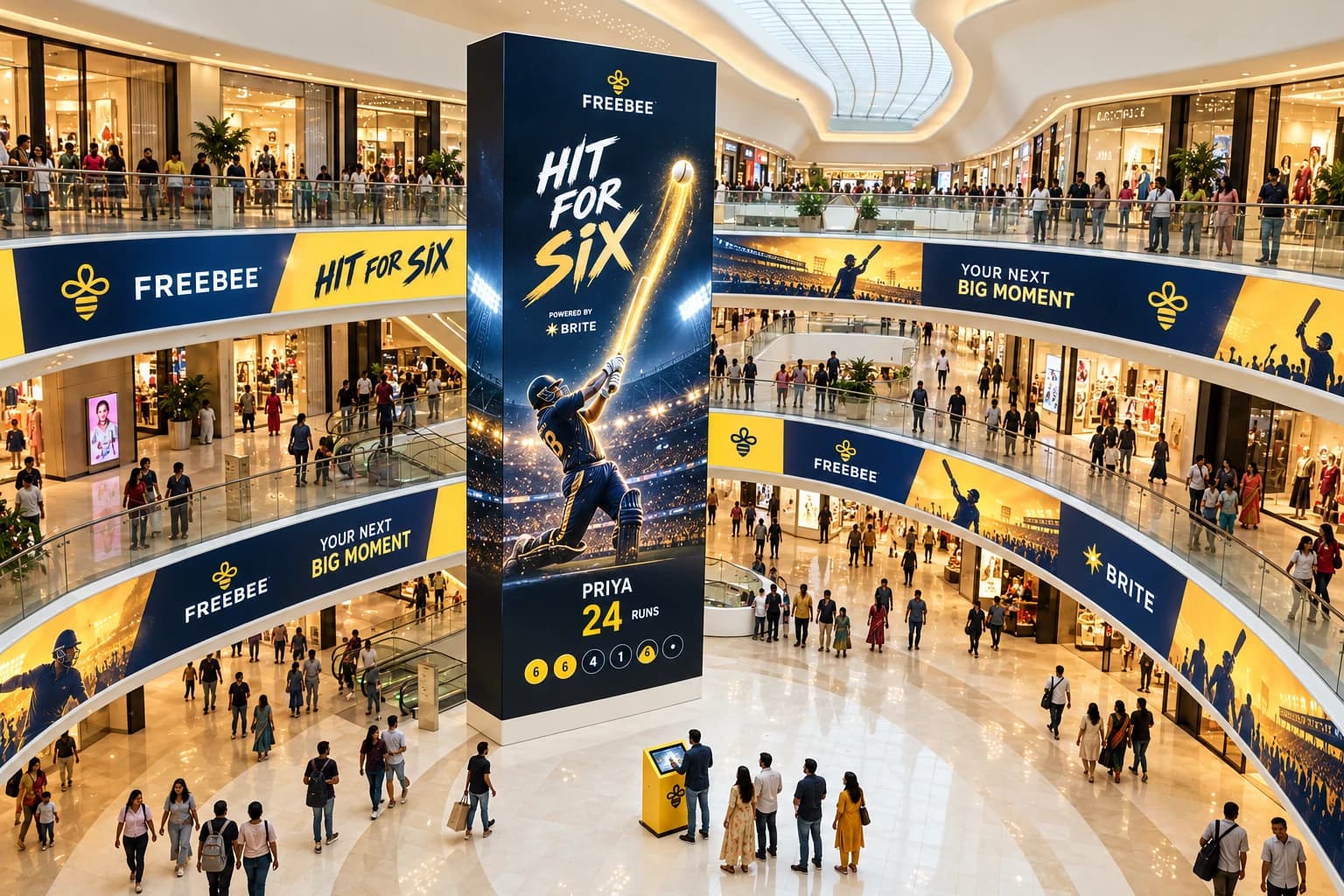 Freebee cricket tower concept with coordinated ribbon displays across three mall levels and a kiosk in front