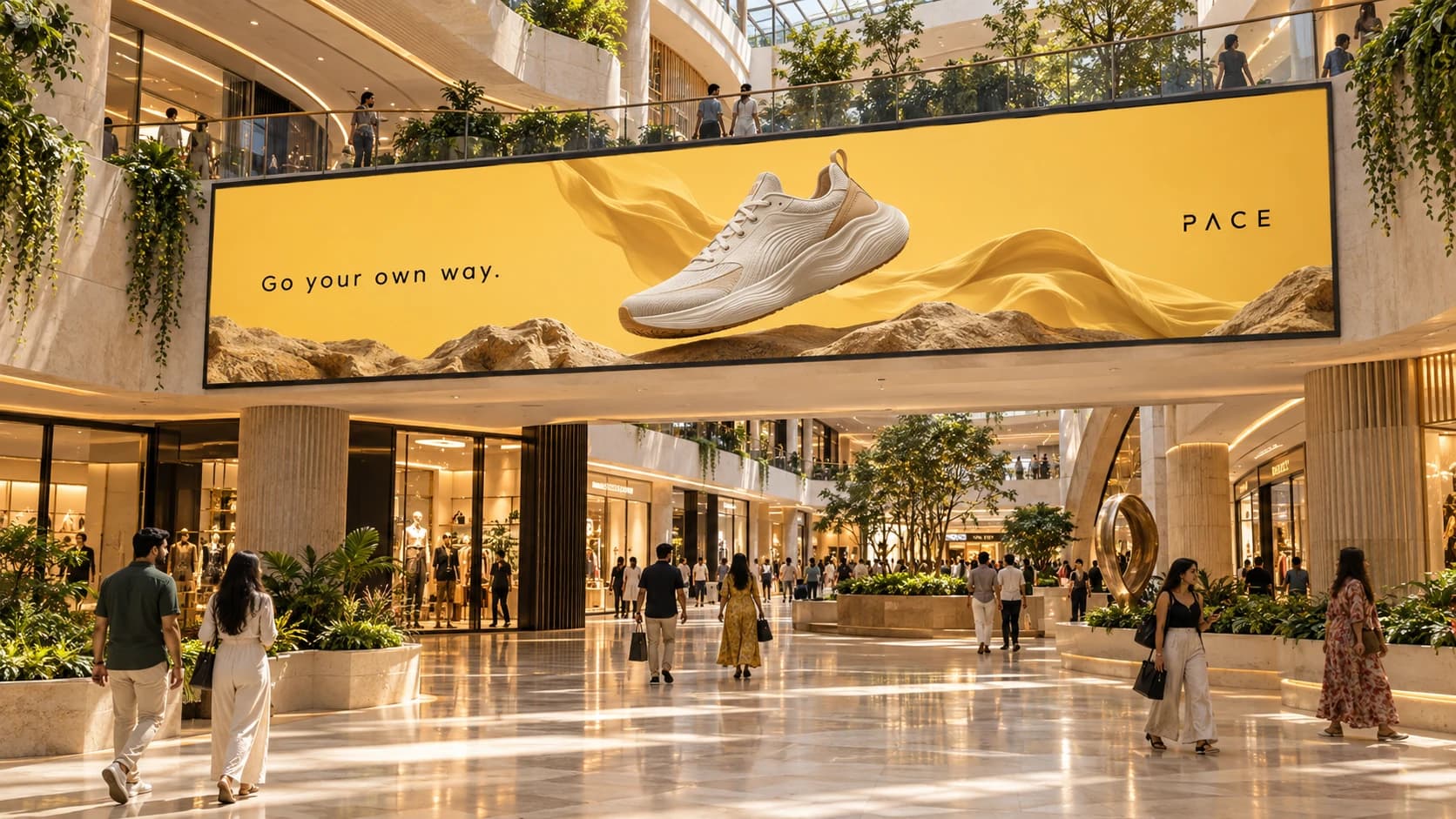 Landscape LED wall concept showing a fictional sneaker campaign in a mall atrium