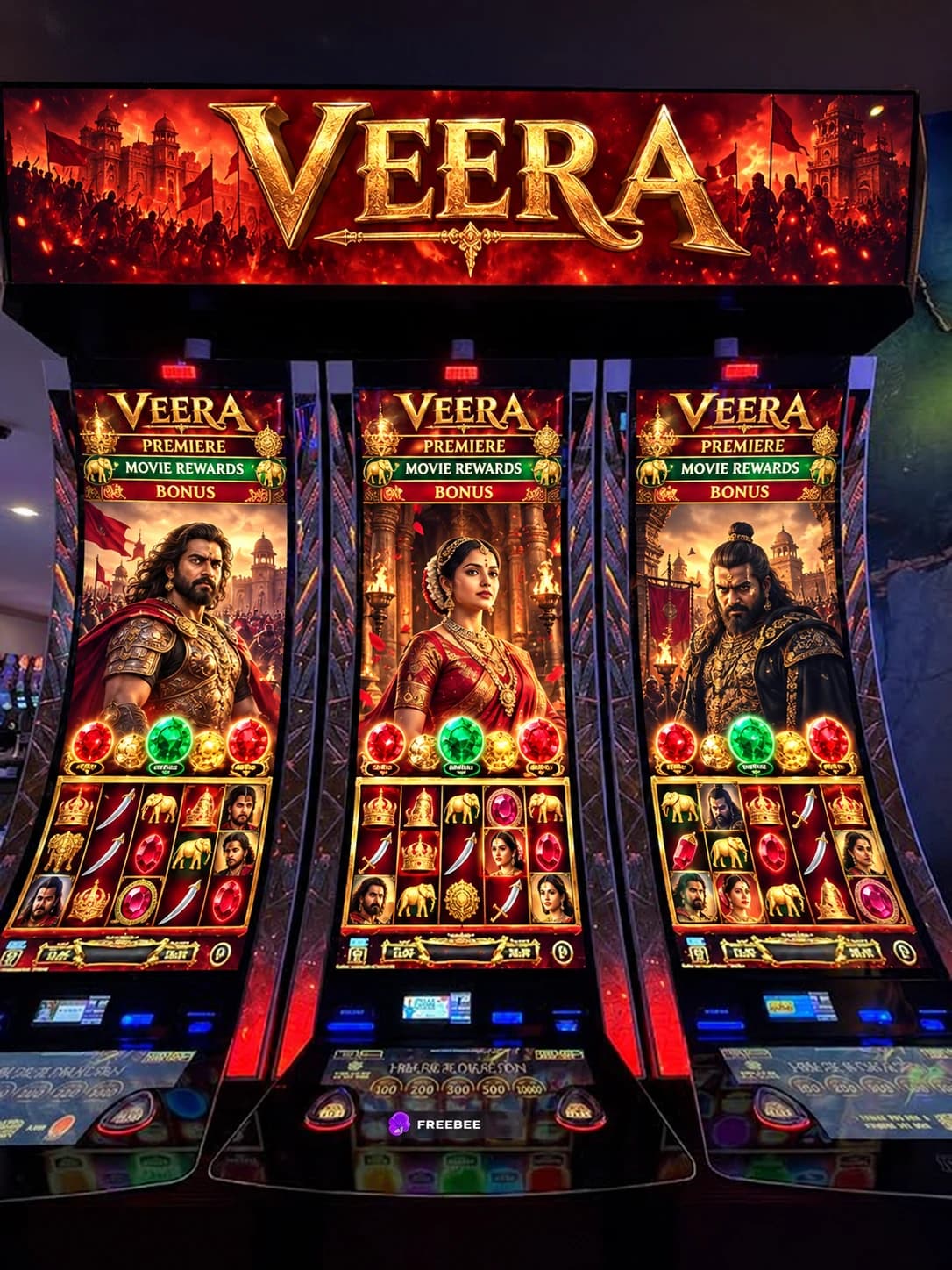 Veera Indian movie campaign concept on three realistic curved-screen cabinets with warrior, queen and royal character artwork